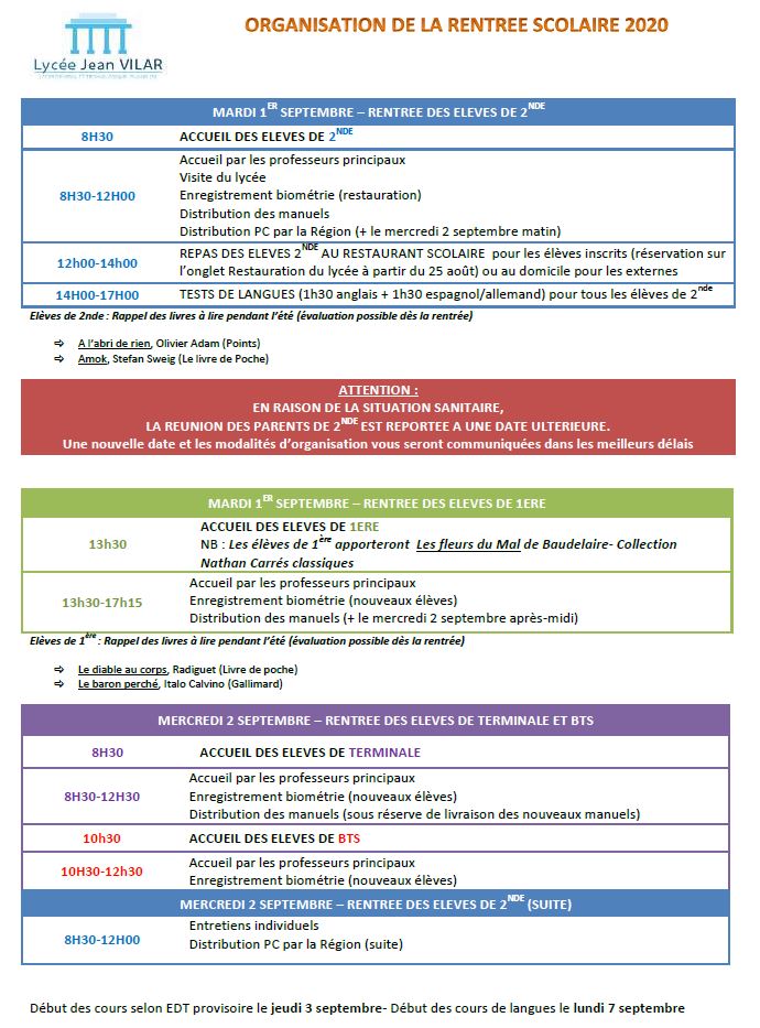 Nouvelle Organisation De La Rentree Scolaire 2020 Lycee Jean Vilar